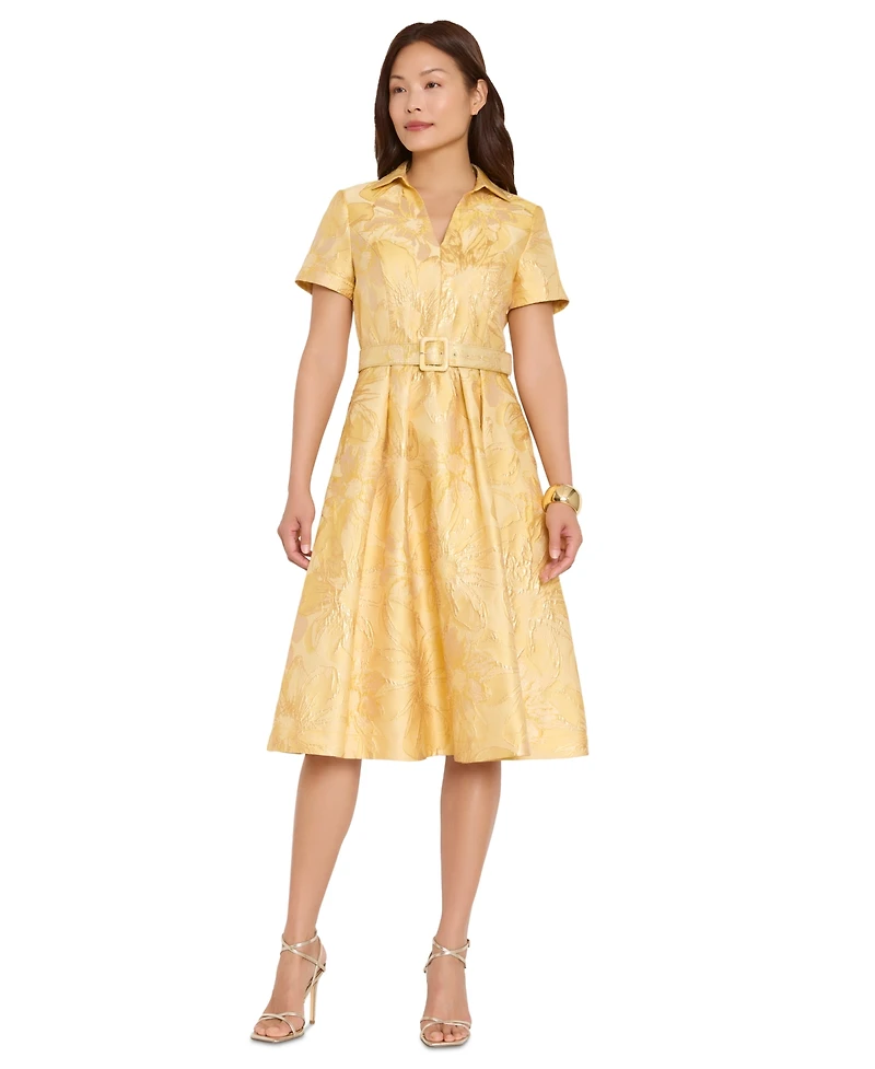 Tahari Asl Women's Belted Short-Sleeve Collared Midi Dress