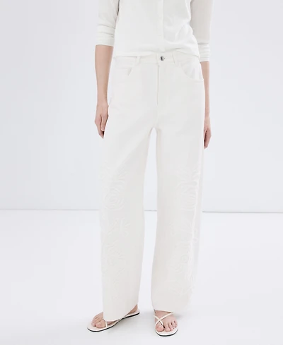 Mango Women's Floral Embroidery Wide Leg Jeans
