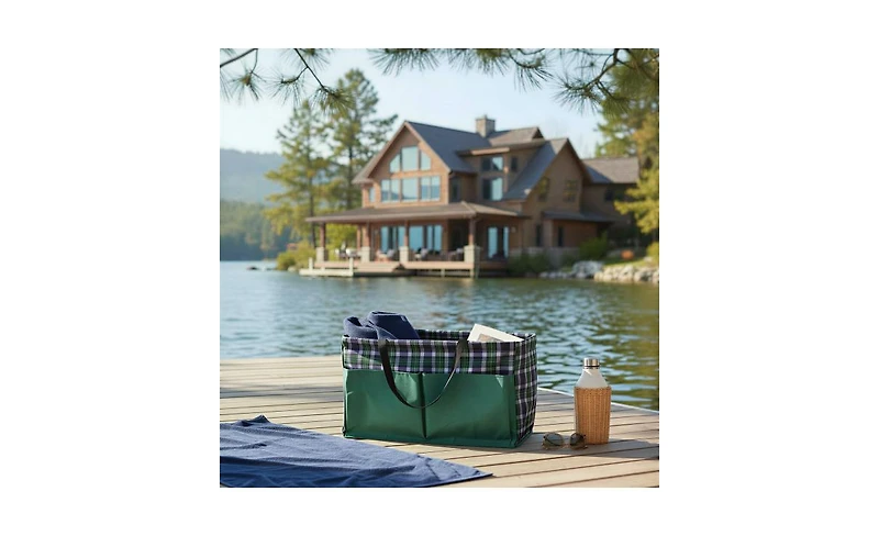 Household Essentials Plaid Krush Container All-Purpose Utility Tote with Green Pockets