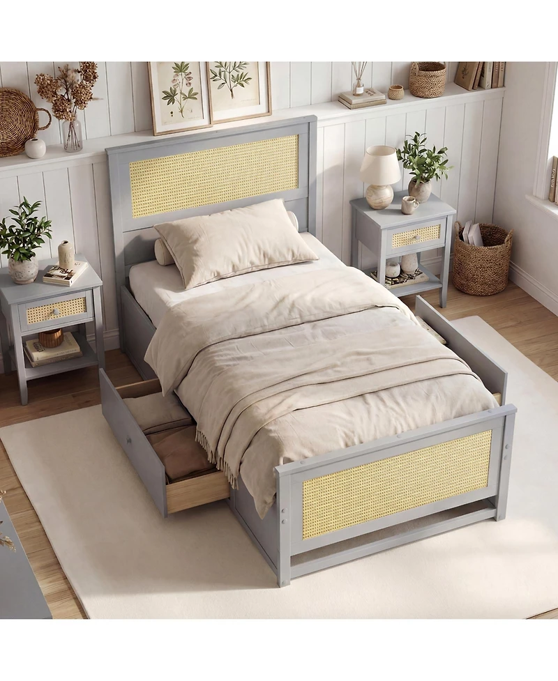 Sugift Twin Size Rattan Bed Frame with Storage Drawers