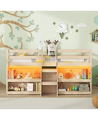 Sugift Twin Size Loft Bed with Led Lights with Staircase and Safety Guardrail
