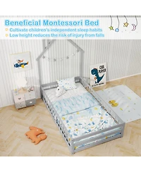 Sugift Twin Size Montessori Floor Bed with Lockable Door and Full-Length Guardrail