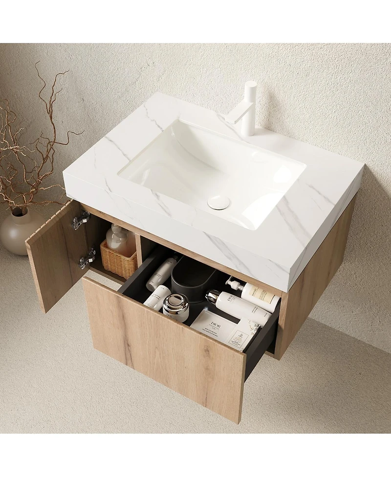 Sillysis Wall Mounted Bathroom Vanity with Carrara Sintered Stone Top, Undermount Ceramic Sink