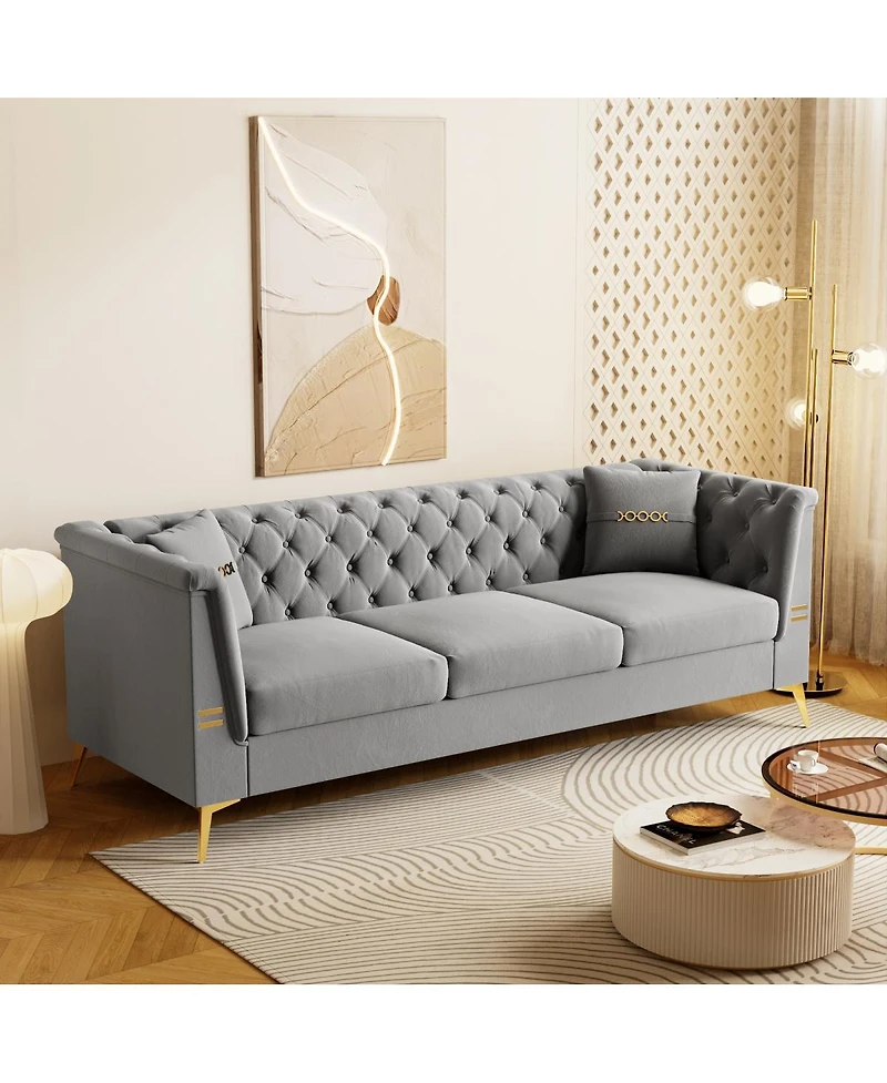 Streamdale Furniture Mid-Century Modern Faux Sherpa Sofa with Gold Accents