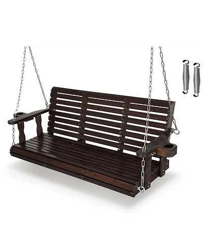Mega Casa Wooden Porch Swing 3-Seater, High Backrest and Deep Seat, Bench with Cupholders, for Outdoor Patio Garden (Cedar Tone, 5 Ft Extra Larg