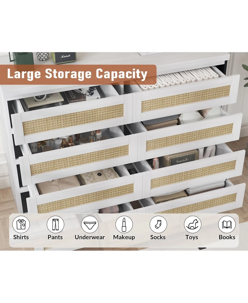 gaomon 8 Drawer Rattan Dresser for Bedroom, Double Wood Chest of Drawers Tv Stand