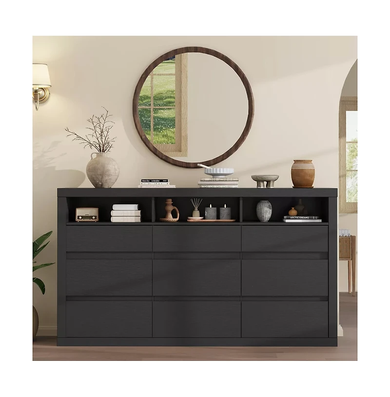gaomon 9 Drawer Modern Wooden Dresser with 3 Open Shelves, Handleless Storage Chest for Bedroom Living Room
