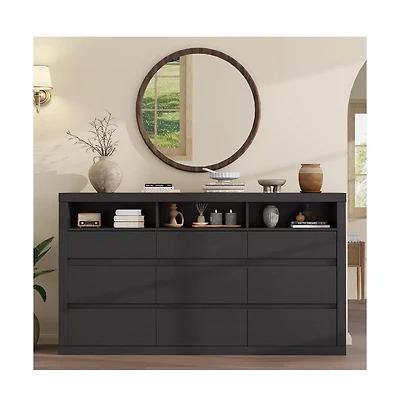 gaomon 9 Drawer Modern Wooden Dresser with 3 Open Shelves, Handleless Storage Chest for Bedroom Living Room