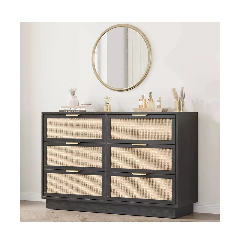 gaomon Rattan 6 Drawer Dresser with Metal Handles, 47" Wide Double Storage Chest for Bedroom Home Office