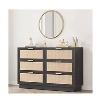 gaomon Rattan 6 Drawer Dresser with Metal Handles, 47" Wide Double Storage Chest for Bedroom Home Office