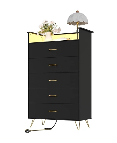gaomon Tall 5 Drawer Dresser with Rgb Led Lights and Charging Station, Wood Storage Cabinet for Bedroom