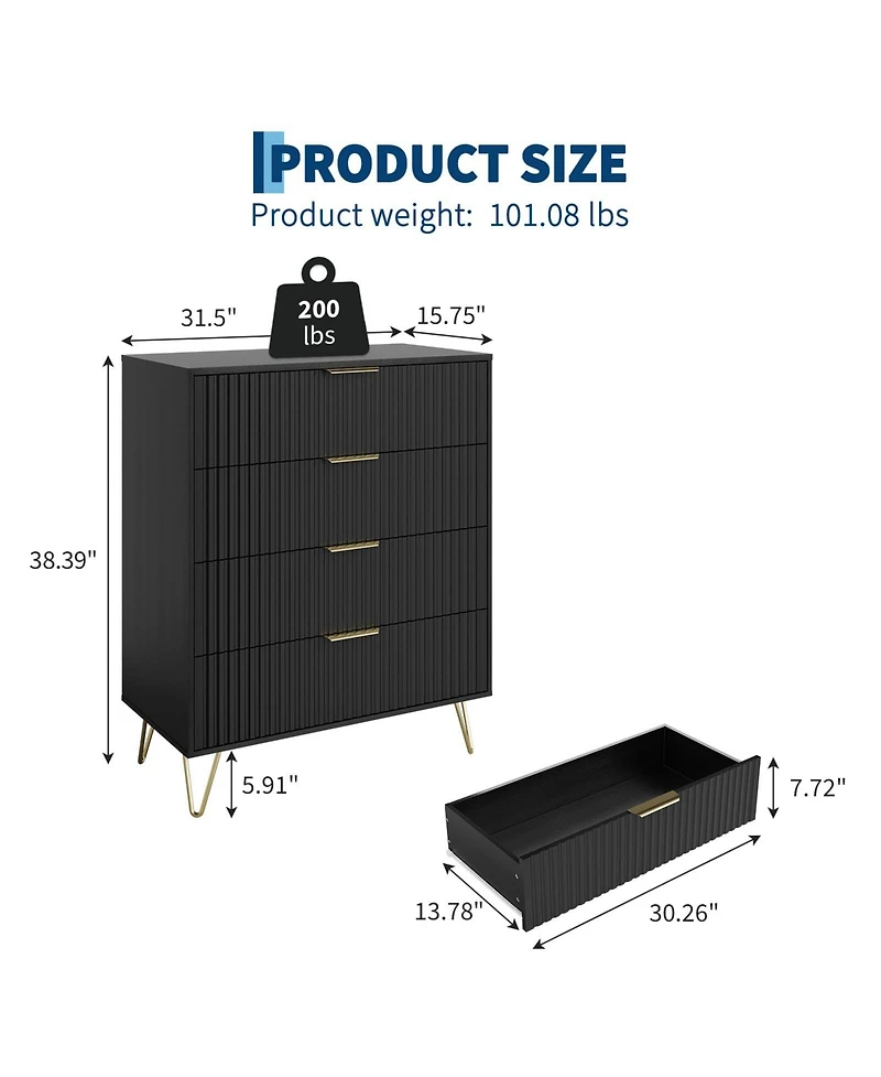 gaomon Fluted 4 Drawer Dresser for Bedroom Wide Wood Chest with Metal Handles Storage Cabinet