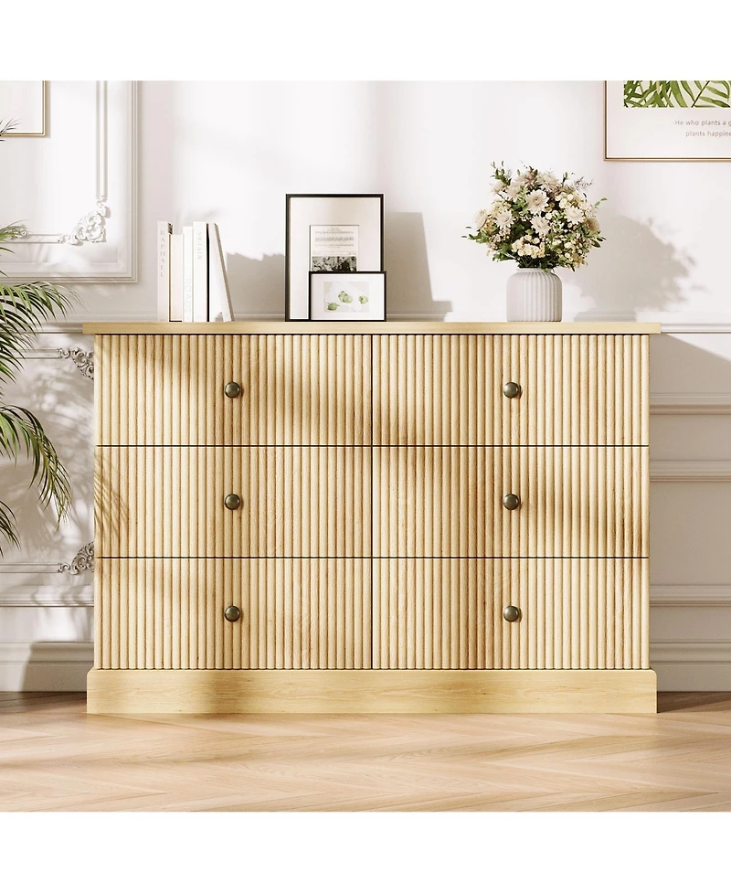 gaomon 6 Drawer Fluted Dresser Wide Modern Wood Storage Chest with Metal Handles for Bedroom Apartment