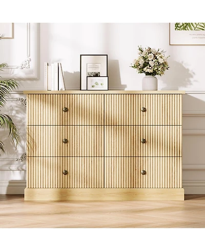 gaomon 6 Drawer Fluted Dresser Wide Modern Wood Storage Chest with Metal Handles for Bedroom Apartment