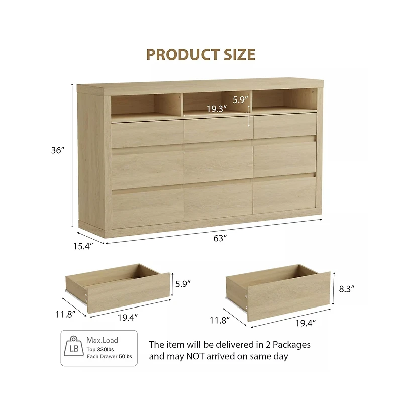 gaomon 9 Drawer Modern Wooden Dresser with 3 Open Shelves, Handleless Storage Chest for Bedroom Living Room