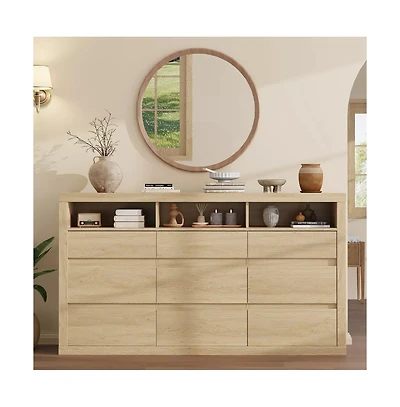 gaomon 9 Drawer Modern Wooden Dresser with 3 Open Shelves, Handleless Storage Chest for Bedroom Living Room