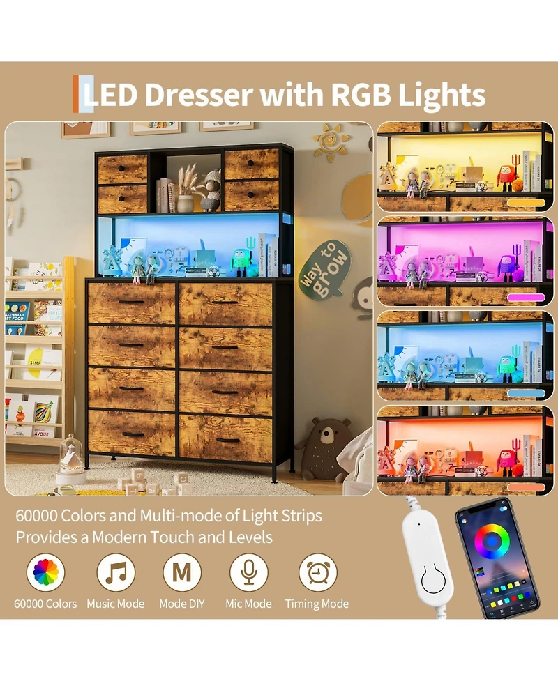 gaomon 12 Drawer Fabric Dresser with Led Lights and Power Outlet, Storage Organizer with Open Shelves