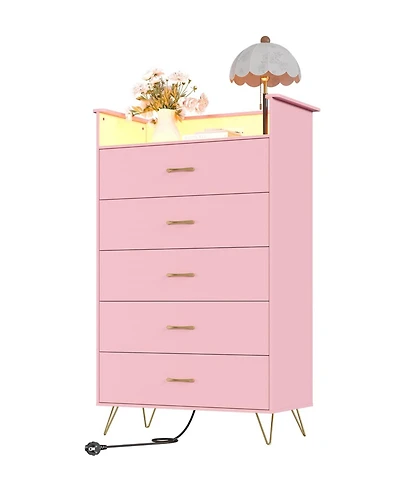 gaomon Tall 5 Drawer Dresser with Rgb Led Lights and Charging Station, Wood Storage Cabinet for Bedroom