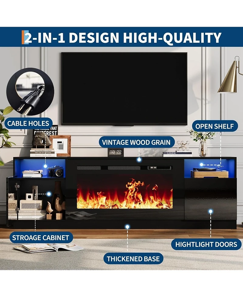 gaomon Fireplace Tv Stand for TVs , Entertainment Center with Electric Fireplace, Led Lights and Cabinets
