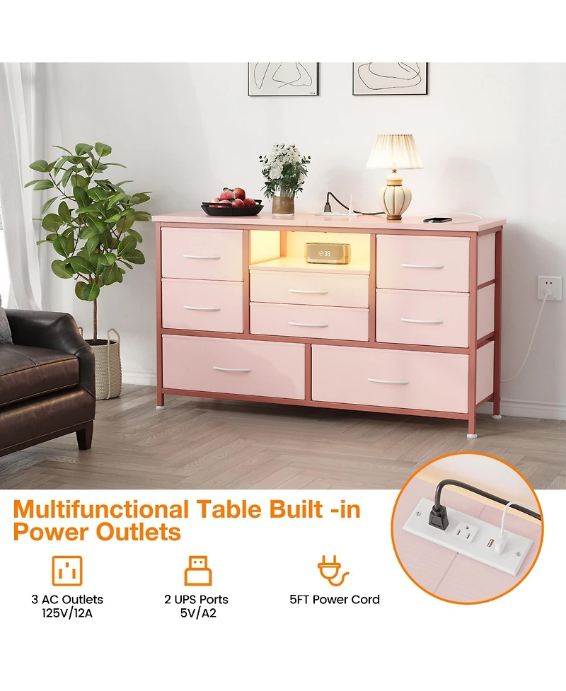gaomon Tv Stand Dresser with 8 Fabric Drawers, Rgb Led Lights and Power Outlets, Wood-Top Console for TVs up to 55