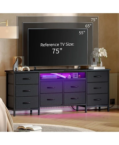gaomon Tv Stand Dresser with 10 Fabric Drawers for TVs, Entertainment Center with Led Lights and Power Outlets