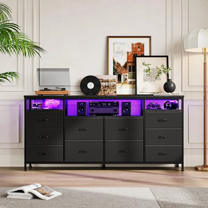 gaomon 63" Tv Stand Dresser with 10 Fabric Drawers for 65-75" TVs, Entertainment Center Led Lights and Power Outlets