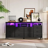 gaomon 63" Tv Stand Dresser with 10 Fabric Drawers for 65-75" TVs, Entertainment Center Led Lights and Power Outlets