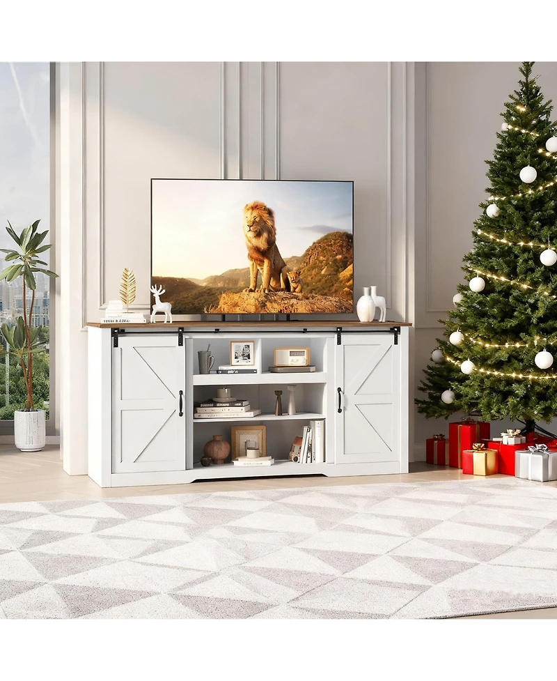 gaomon 70" Farmhouse Tv Stand for TVs up to 80", Entertainment Center with Sliding Barn Doors, Shelves and Charging Ports