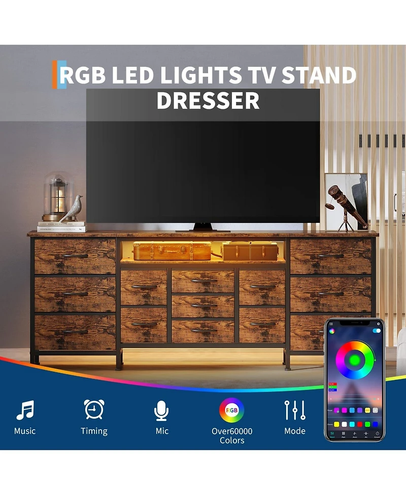 gaomon 70" Dresser Tv Stand with 13 Fabric Drawers for 65-80" TVs, Entertainment Center Led Lights and Power Outlets