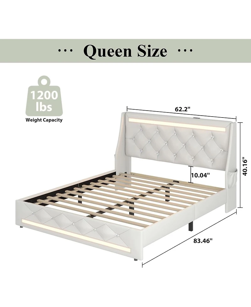 Lucky One Bed Frame with Led Lights, Upholstered Bed Frame with Charging Station