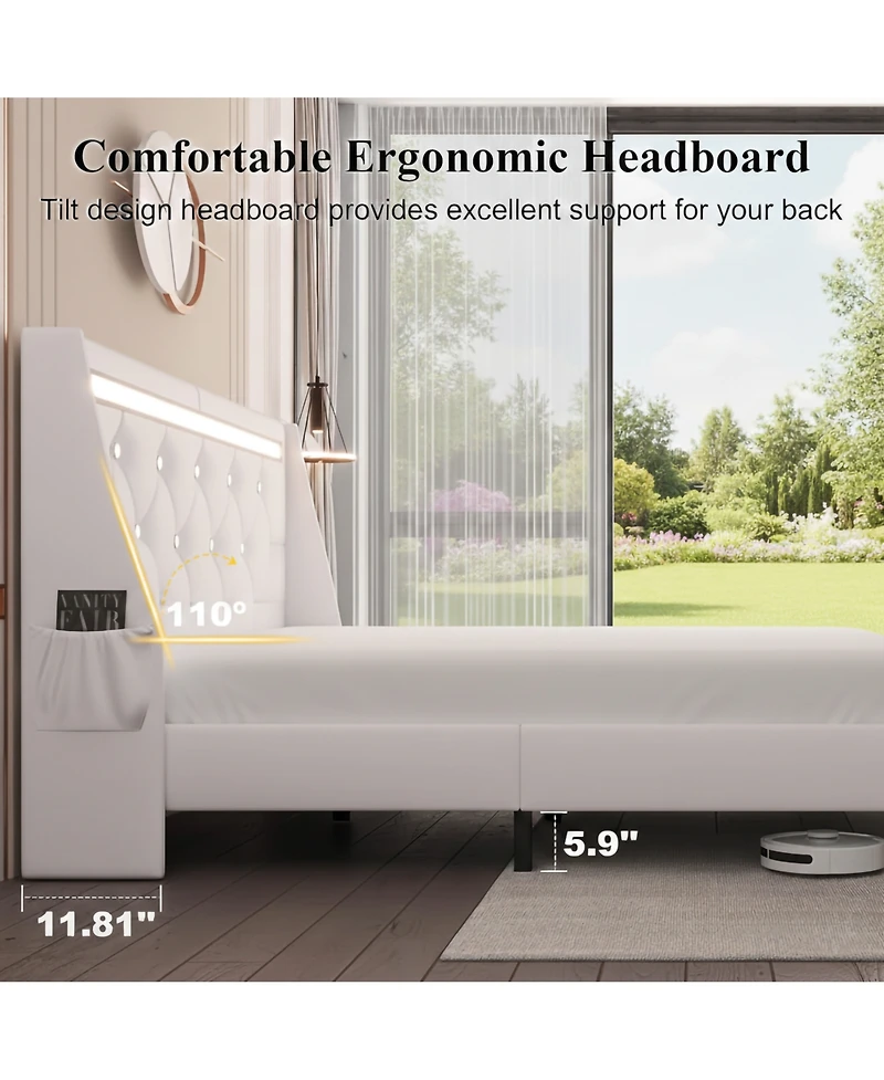 Lucky One Bed Frame with Led Lights, Upholstered Bed Frame with Charging Station