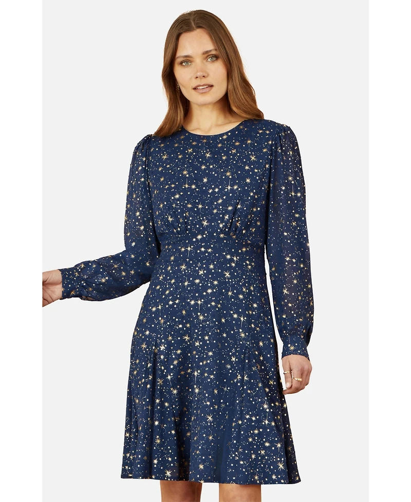Yumi Women's Star Print Foil Long Sleeve Dress