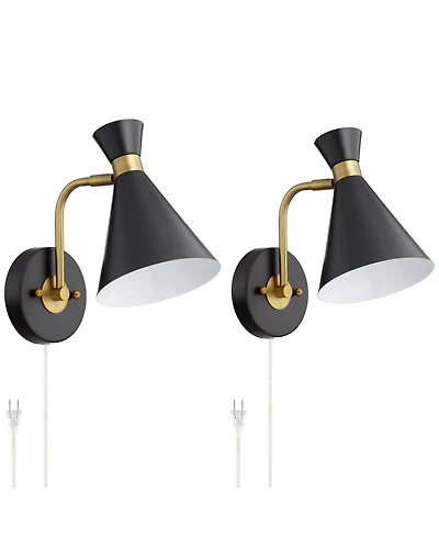 360 Lighting Venice Modern Wall Lamps Set of 2 with Smart Sockets Matte Black Brass Plug-In 6 1/4" Fixture Adjustable Shades for Bedroom