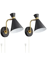360 Lighting Venice Modern Wall Lamps Set of 2 with Smart Sockets Matte Black Brass Plug-In 6 1/4" Fixture Adjustable Shades for Bedroom