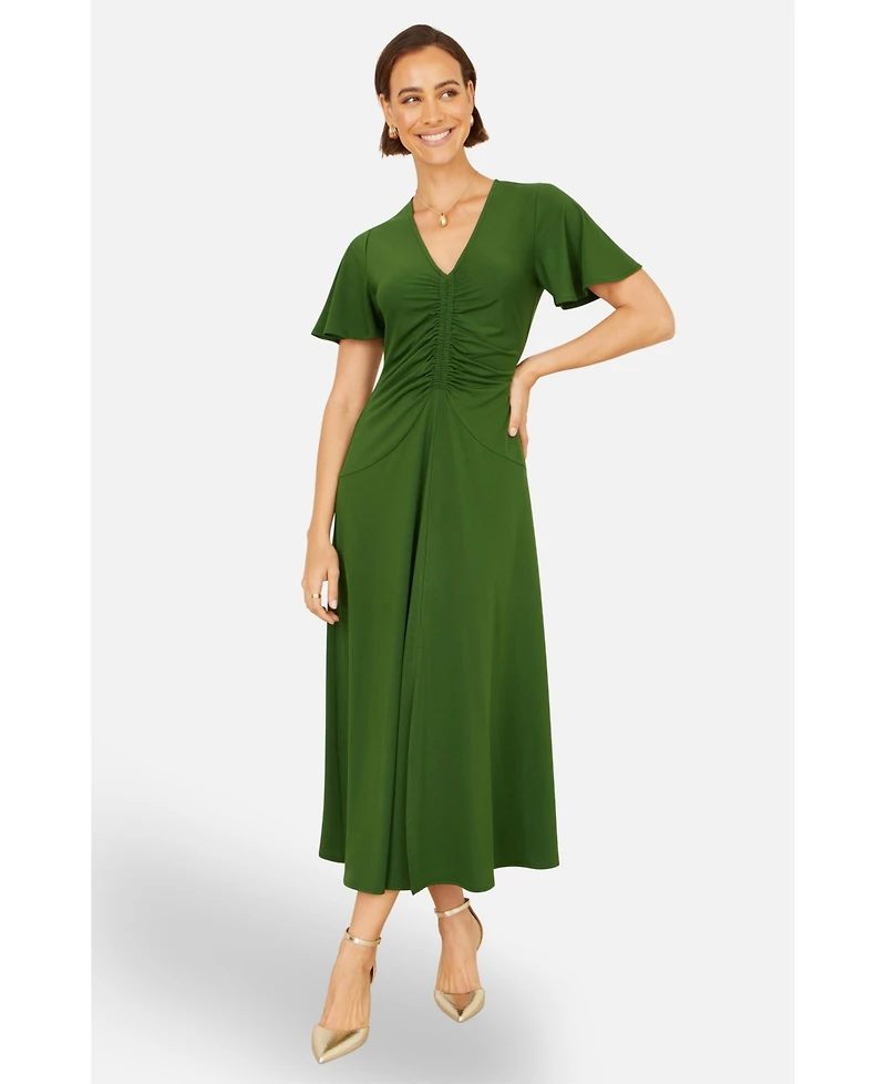 Yumi Women's Ruched Front Stretch Midi Dress