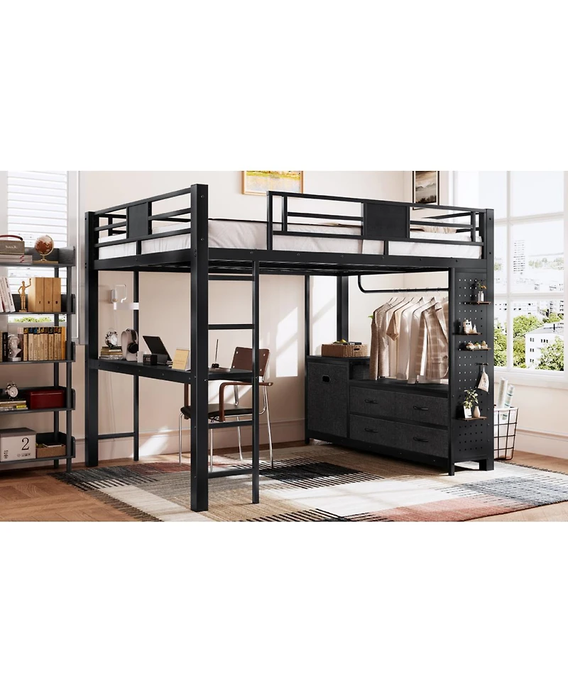 Streamdale Furniture Queen Loft Bed w/ Desk, Shelves, Pegboard, Laundry Bag