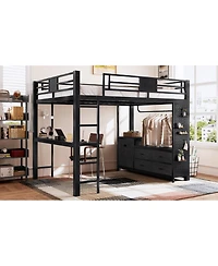 Streamdale Furniture Queen Loft Bed w/ Desk, Shelves, Pegboard, Laundry Bag