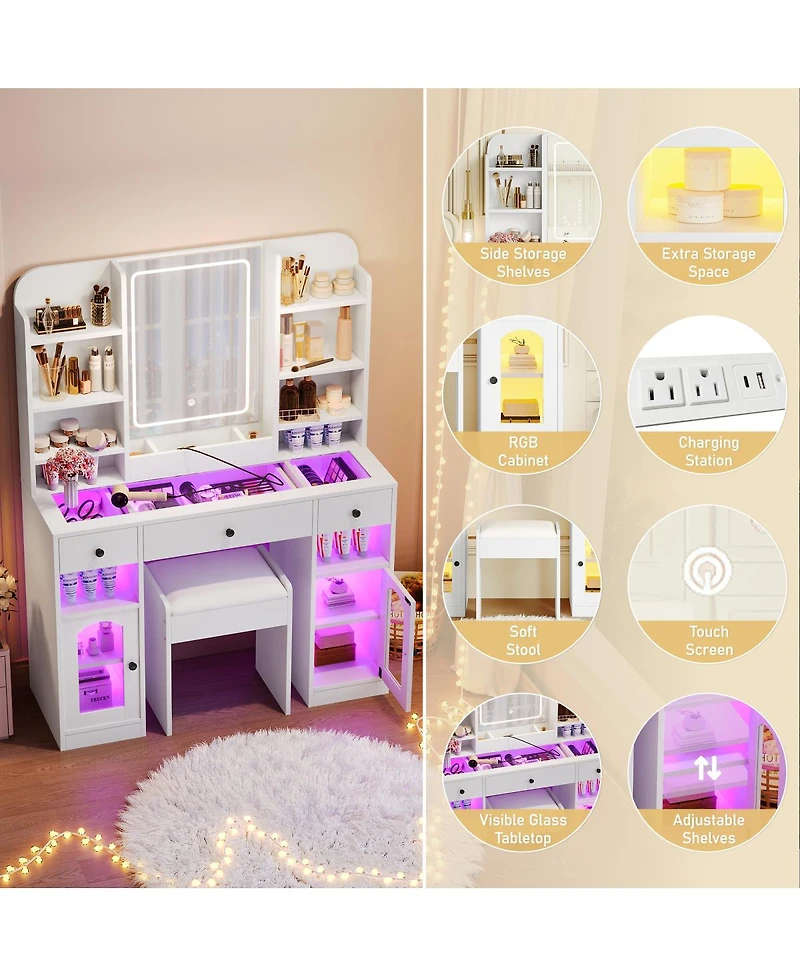 Streamdale Furniture Led Vanity Desk with Mirror, Rgb Lights, Storage, and Stool
