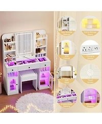 Streamdale Furniture Led Vanity Desk with Mirror, Rgb Lights, Storage, and Stool