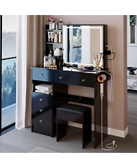 Streamdale Furniture 37inches Vanity Stool, 2AC/2USB, Led Mirror, Dryer Stand