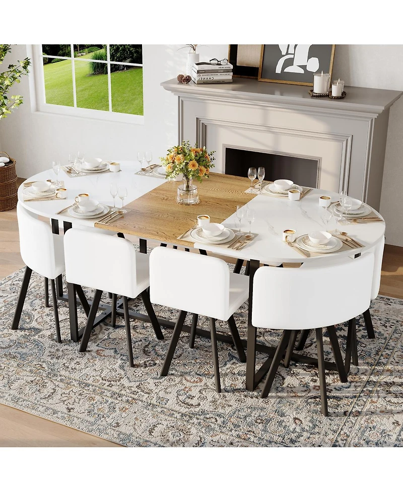 Streamdale Furniture 8-Seat Faux Marble Dining Set with 8 Pu Chairs
