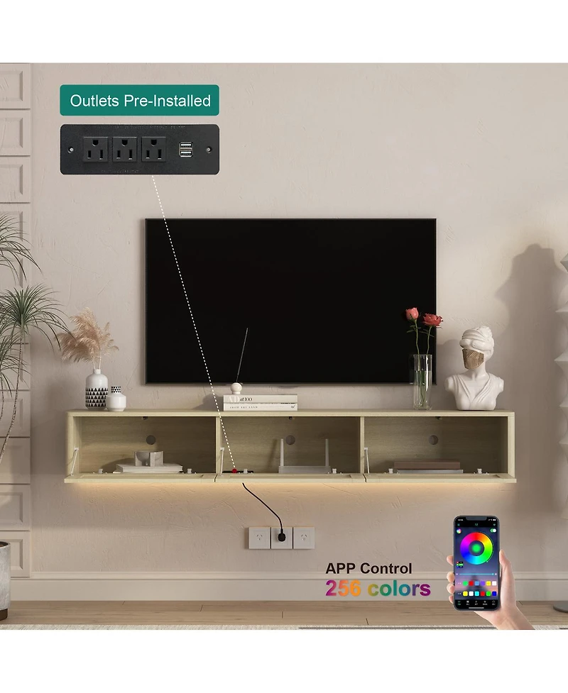 Streamdale Furniture Floating Led Tv Stand with Power Outlet