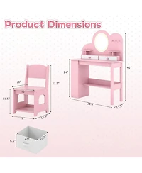 Slickblue Kids Vanity Set with Chair, Lights, 2 Drawers and 2-Tier Bookshelf