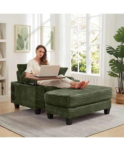 Streamdale Furniture Corduroy Sofa Bed with Ottoman, Bluetooth, Usb