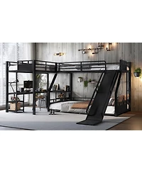 Streamdale Furniture L-Shaped Metal Triple Bunk Bed with Slide, Desk, Usb