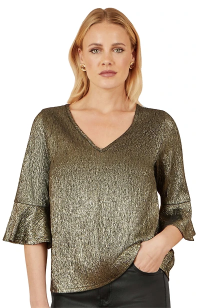 Yumi Women's Fluted Sleeve Metallic Stretch Top