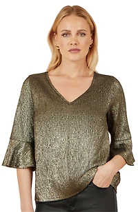 Yumi Women's Fluted Sleeve Metallic Stretch Top