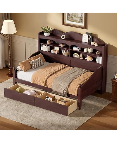 Streamdale Furniture Espresso Wooden Twin Daybed with Storage Drawers and Headboard