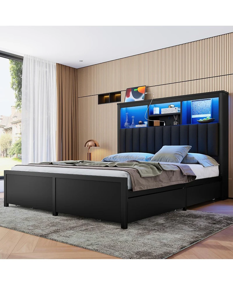 Streamdale Furniture Queen Bed Frame With Storage Headboard, Led, Charging, 4 Drawers