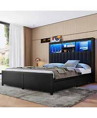 Streamdale Furniture Queen Bed Frame With Storage Headboard, Led, Charging, 4 Drawers